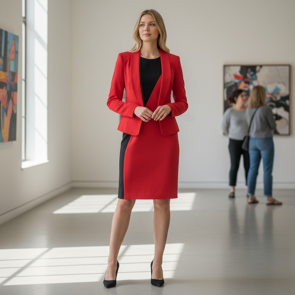 Nine West Red Black Colorblock Skirt Suit Set Blazer Dress Size 16 NWT